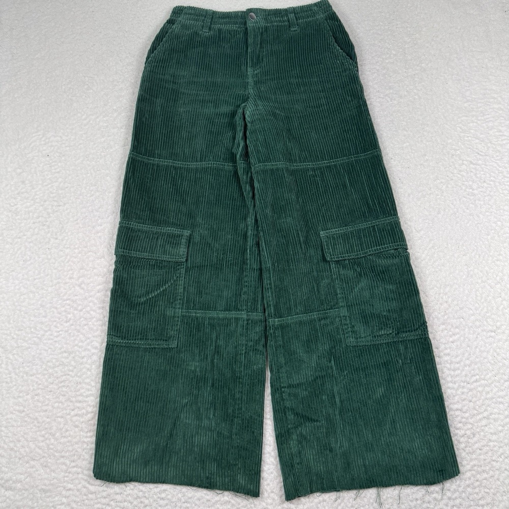 Empyre Wide Leg Corduroy Cargo Pants Womens XS Green Relaxed Fit Cut Raw Hem